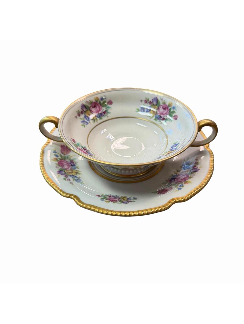 Castleton Bouquet Cream Soup Bowls & Saucers Set of 10 Gold Trim Floral China